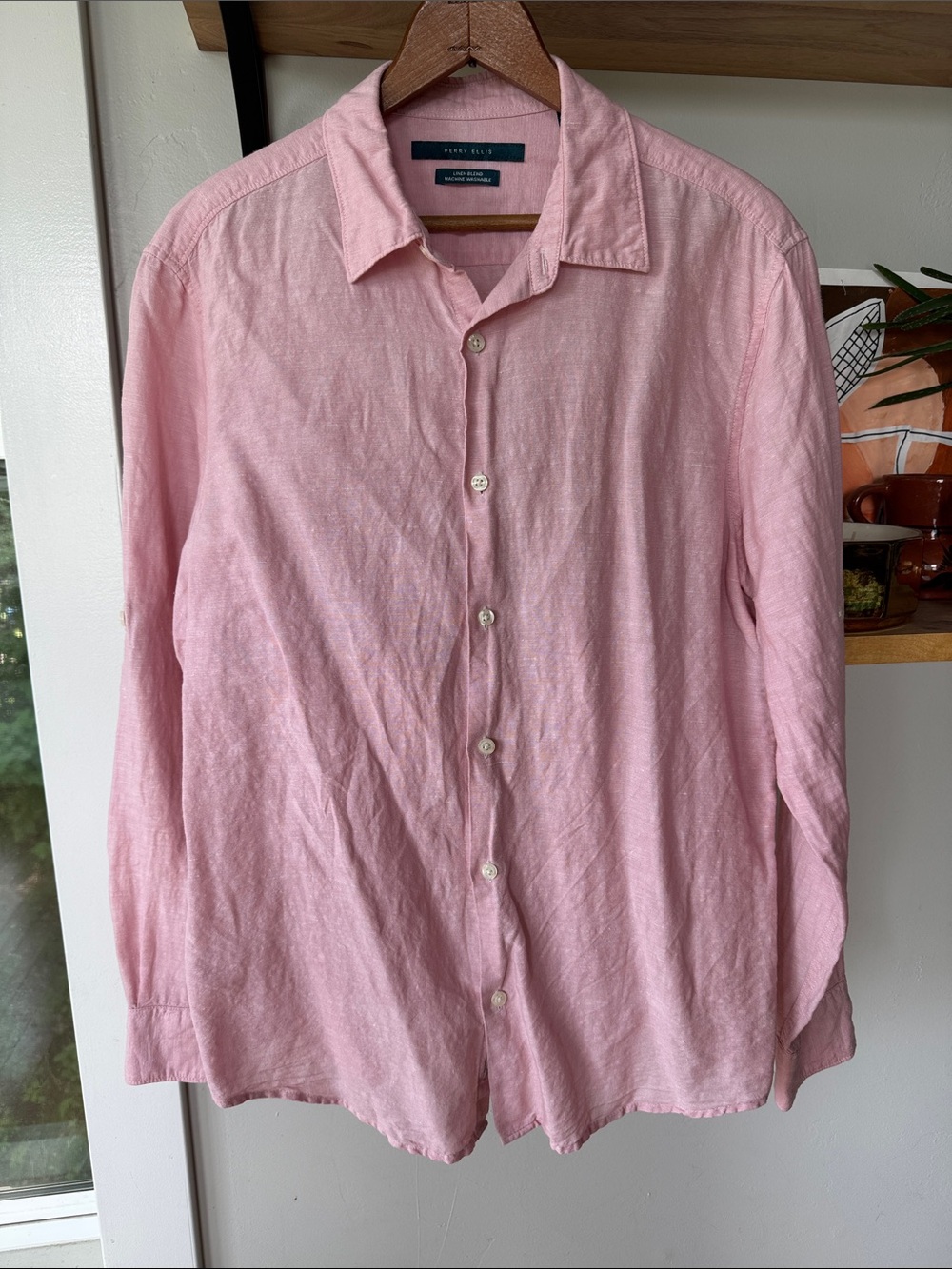 Perry Ellis Men’s Light Heather Pink Linen Long-Sleeve Button-Up Shirt Medium